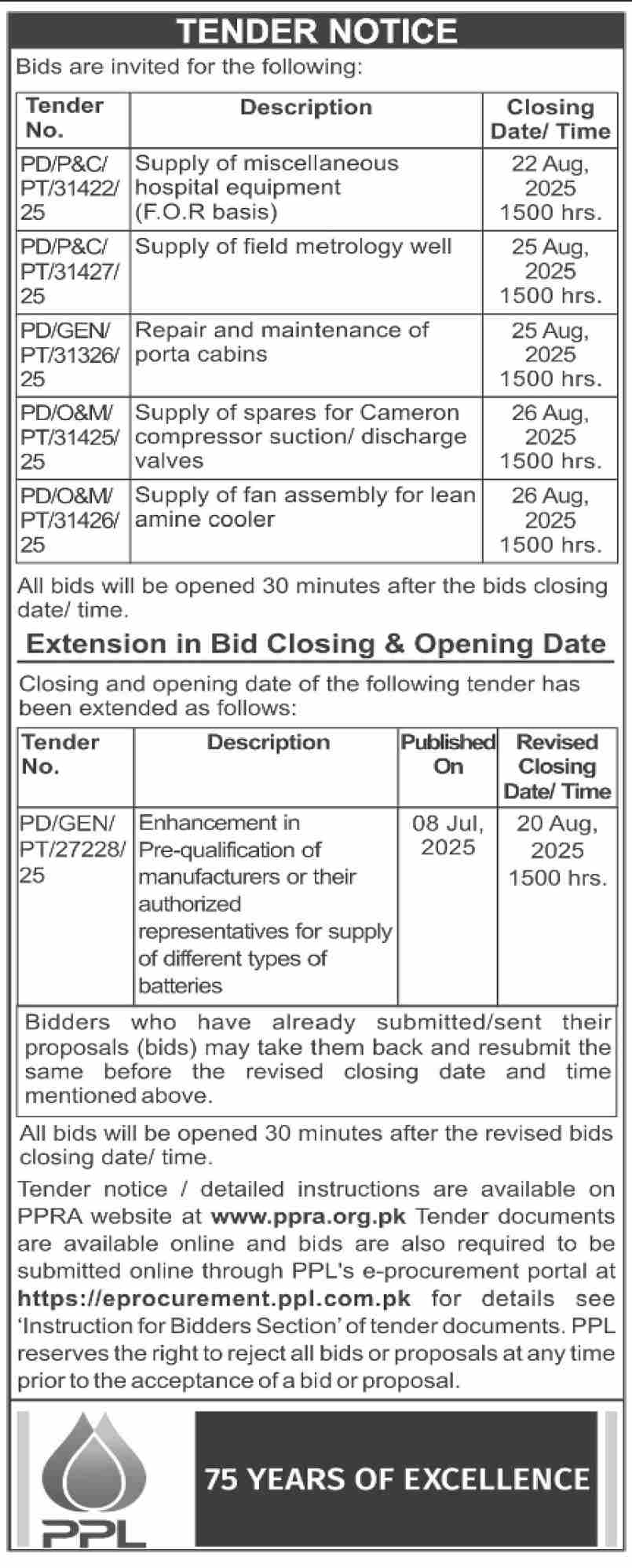PPL Tender Notice